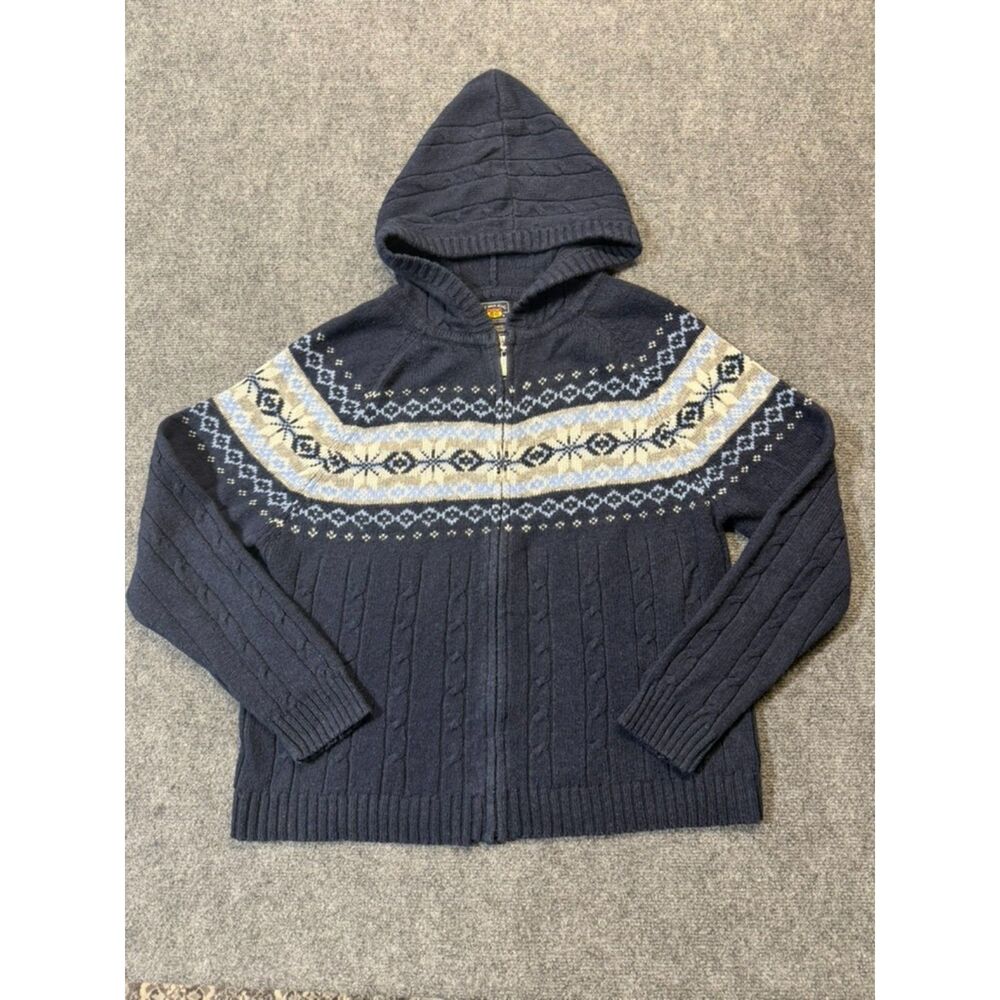 Route 66 Women XL Fair Isle Cable Knit Hooded Cardigan Sweater Wool Ramie Zip